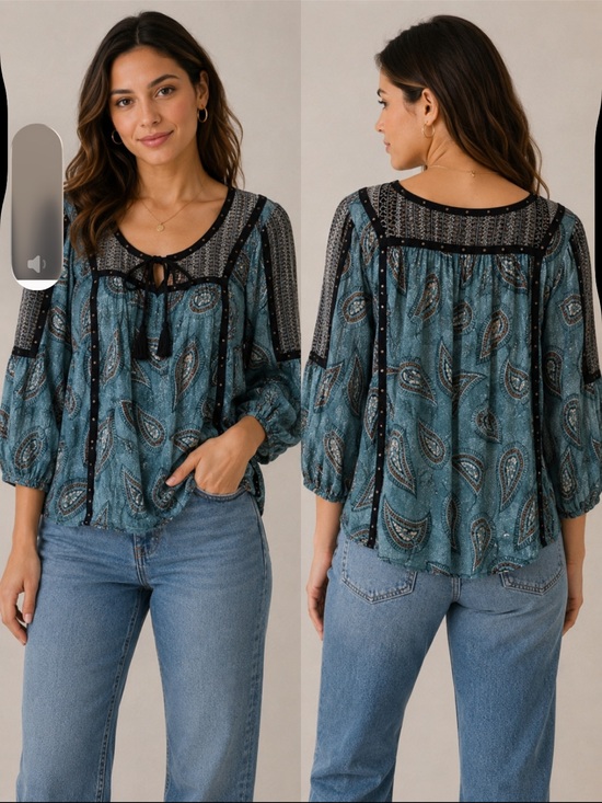 Style & Co. Tops - Boho Style & Co. Paisley Print Peasant Blouse with Black Trim, Southwestern Sz M